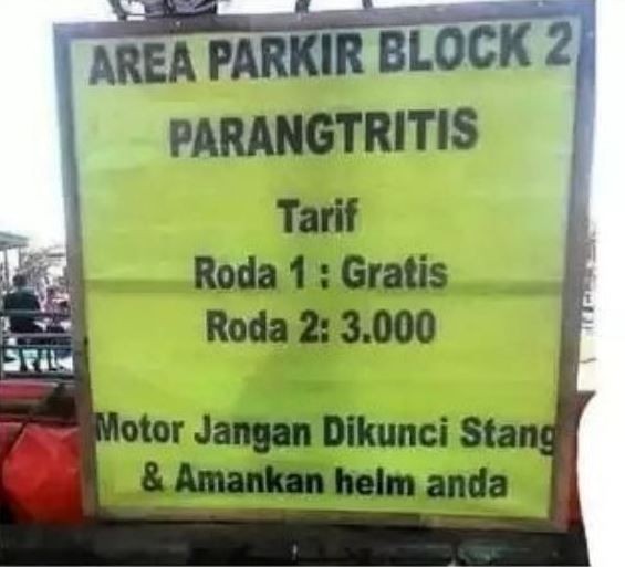 Tulisan di tempat parkir ini bikin gagal paham dan tepuk jidat